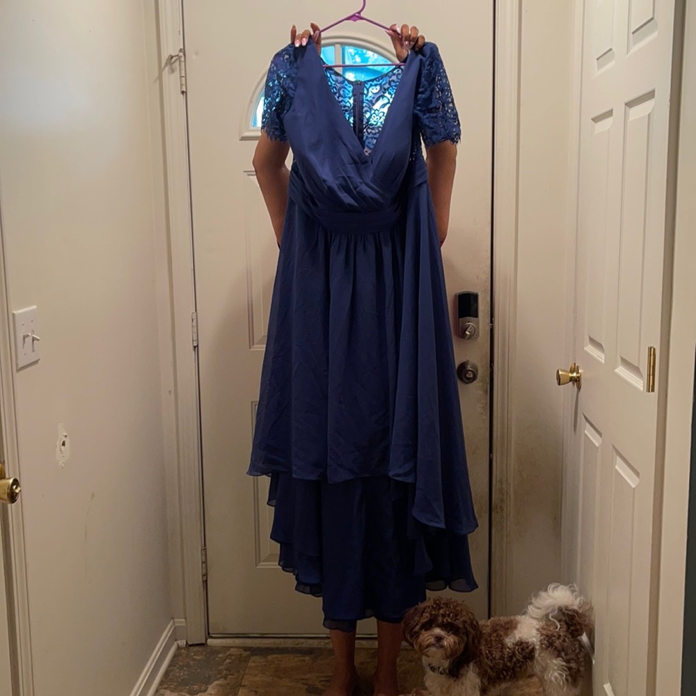 Navy long cocktail lace dress